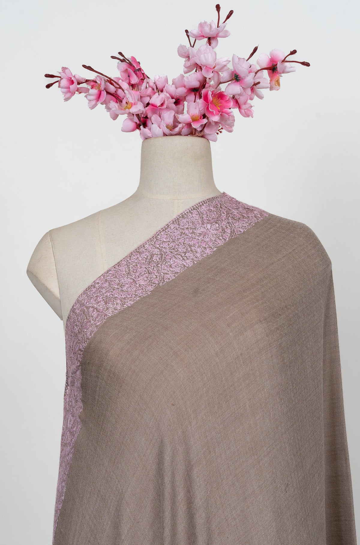 Taupe Blush Border 2.5 Yards Sozni Hand Embroidered Shawl
