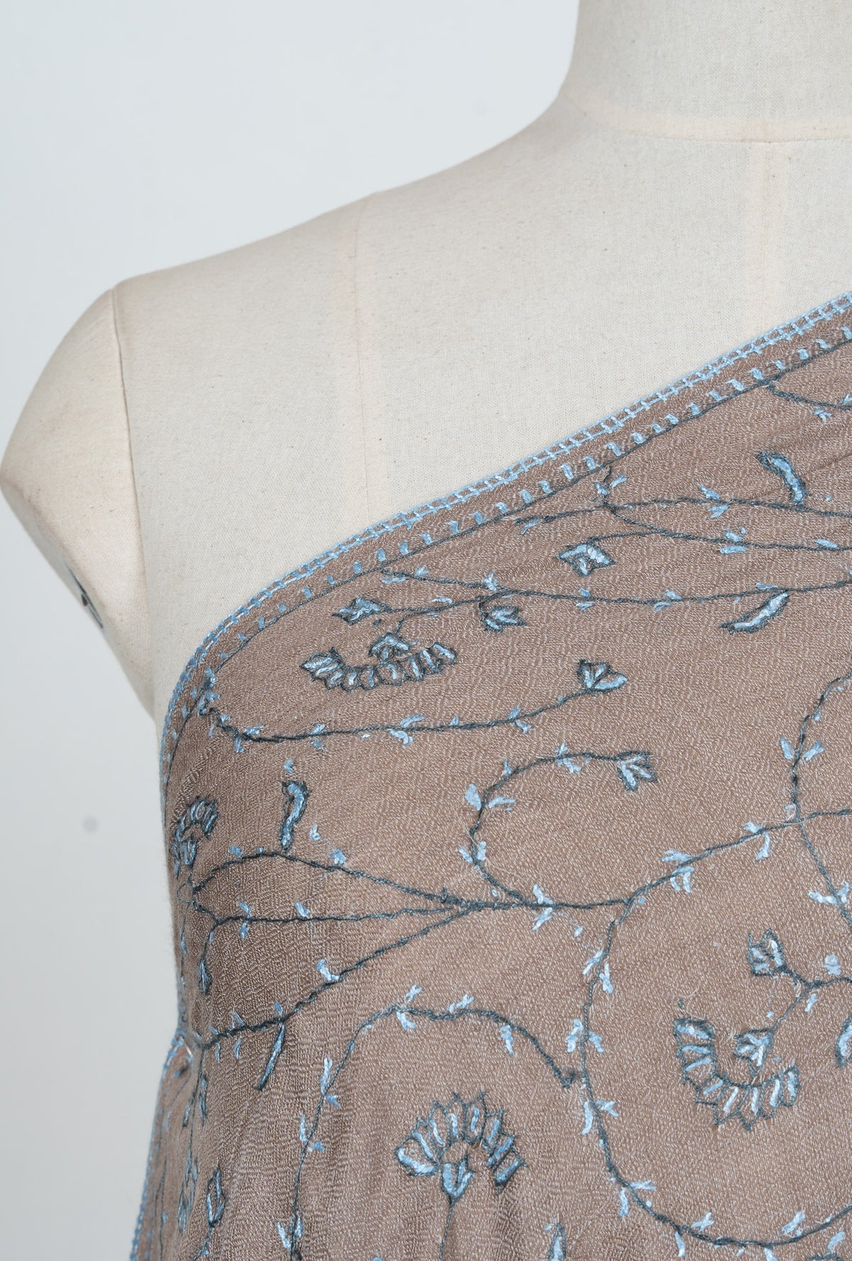 Mushroom Blue Vine 2.5 Yards Sozni Hand Embroidered Shawl