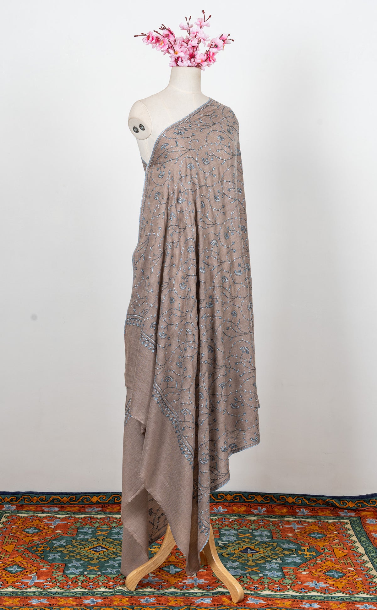 Mushroom Blue Vine 2.5 Yards Sozni Hand Embroidered Shawl