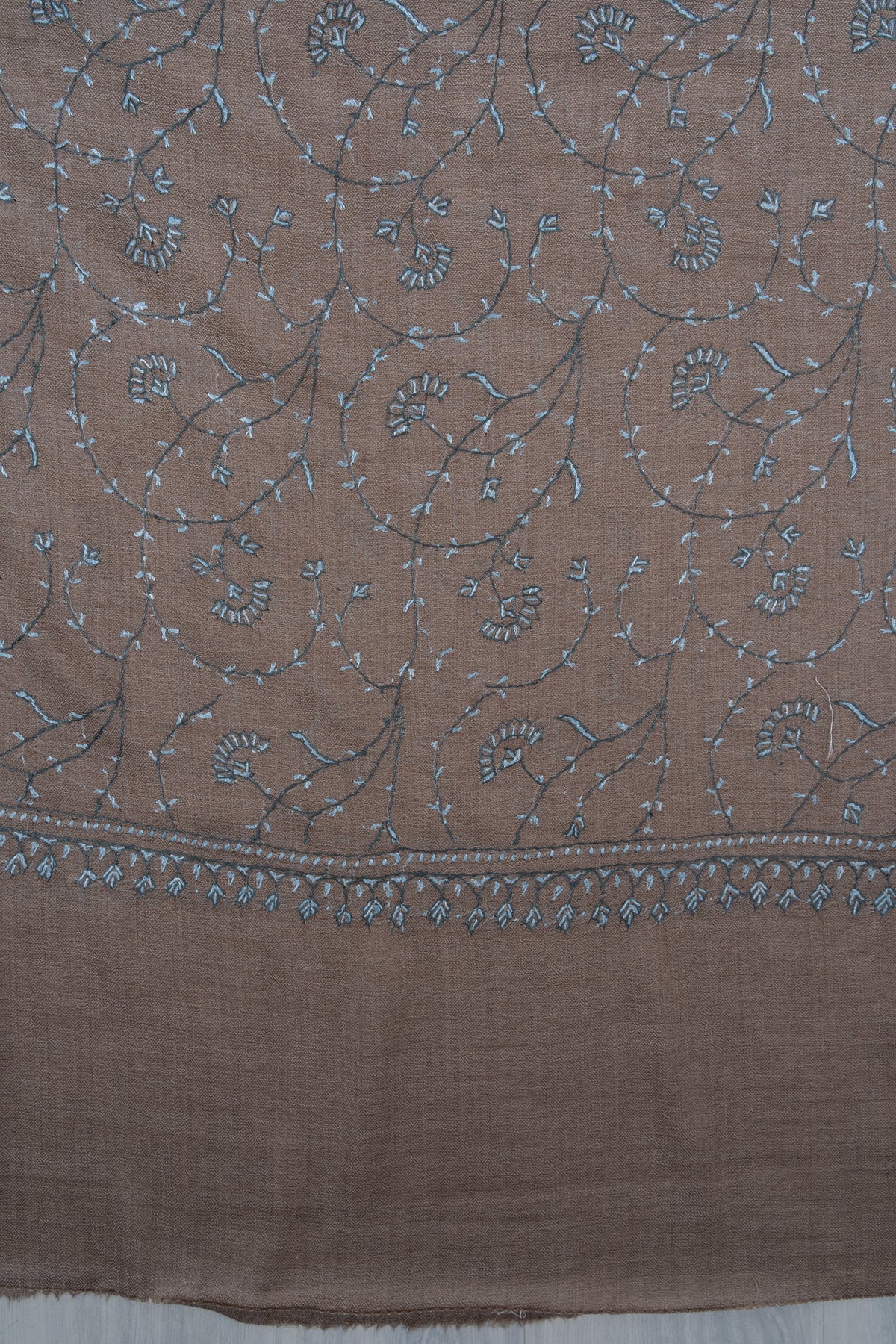 Mushroom Blue Vine 2.5 Yards Sozni Hand Embroidered Shawl
