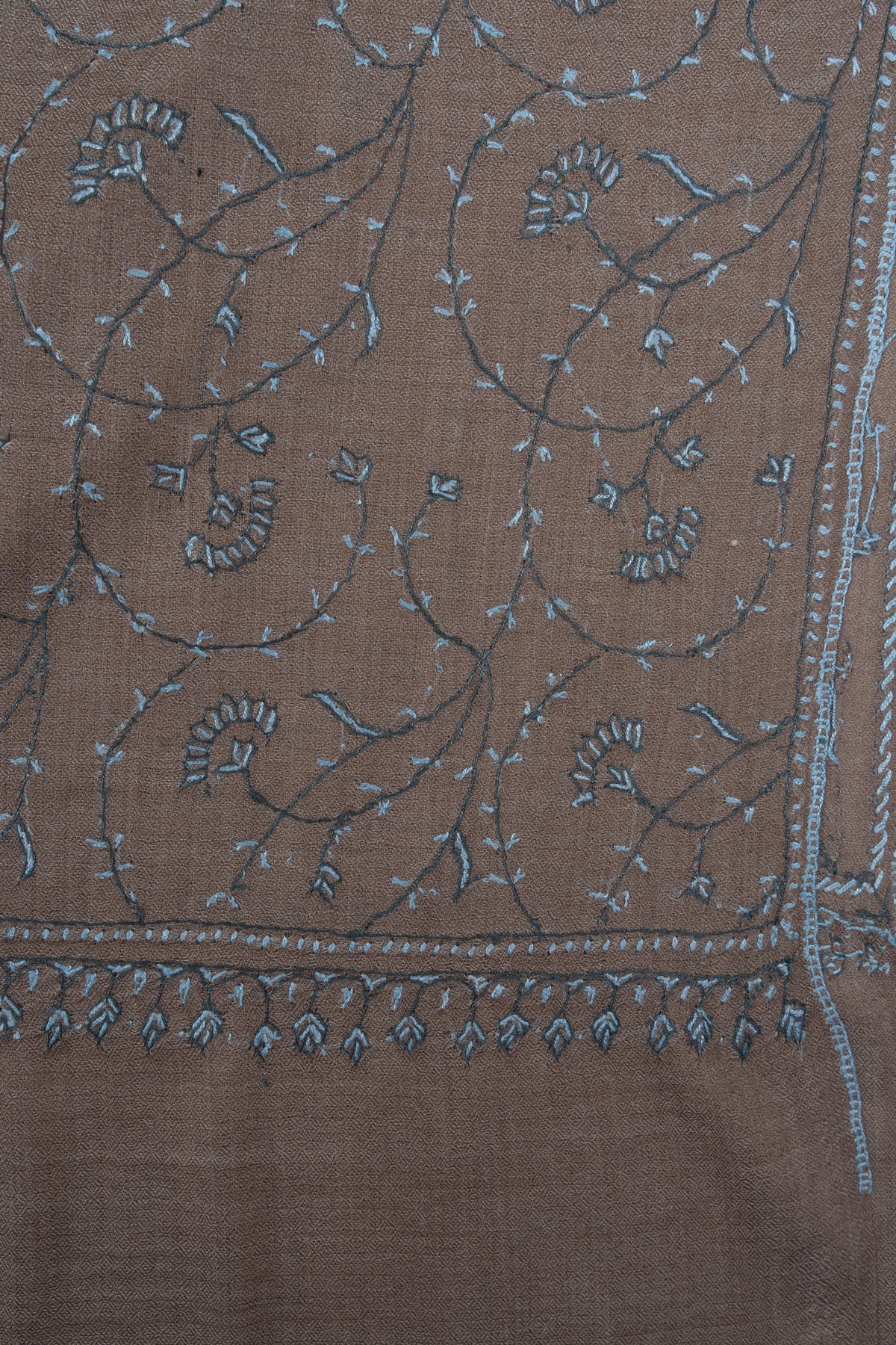 Mushroom Blue Vine 2.5 Yards Sozni Hand Embroidered Shawl