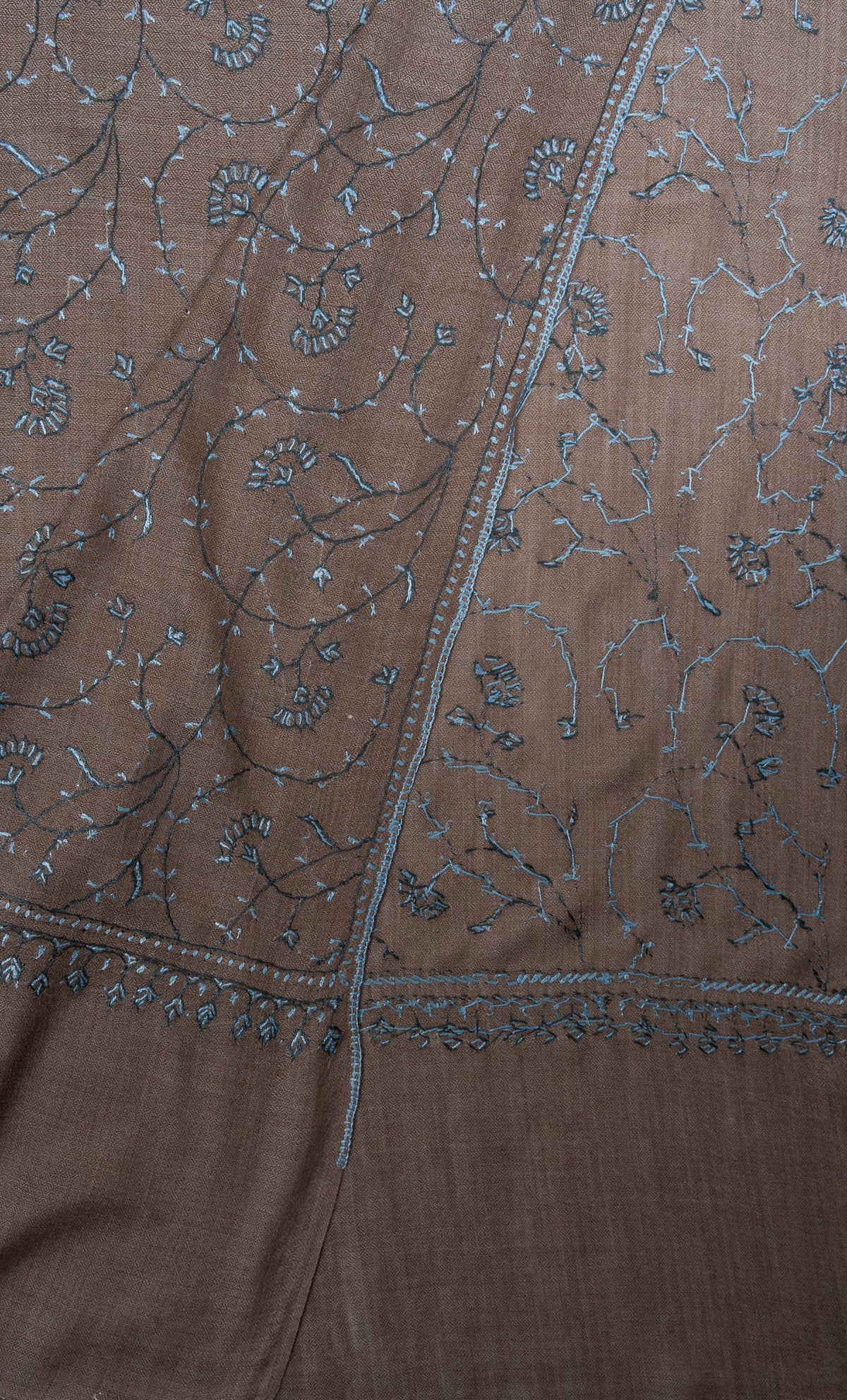 Mushroom Blue Vine 2.5 Yards Sozni Hand Embroidered Shawl