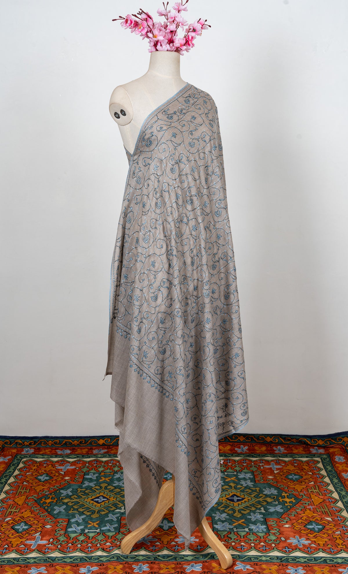 Ash Blue Vine 2.5 Yards Sozni Hand Embroidered Shawl