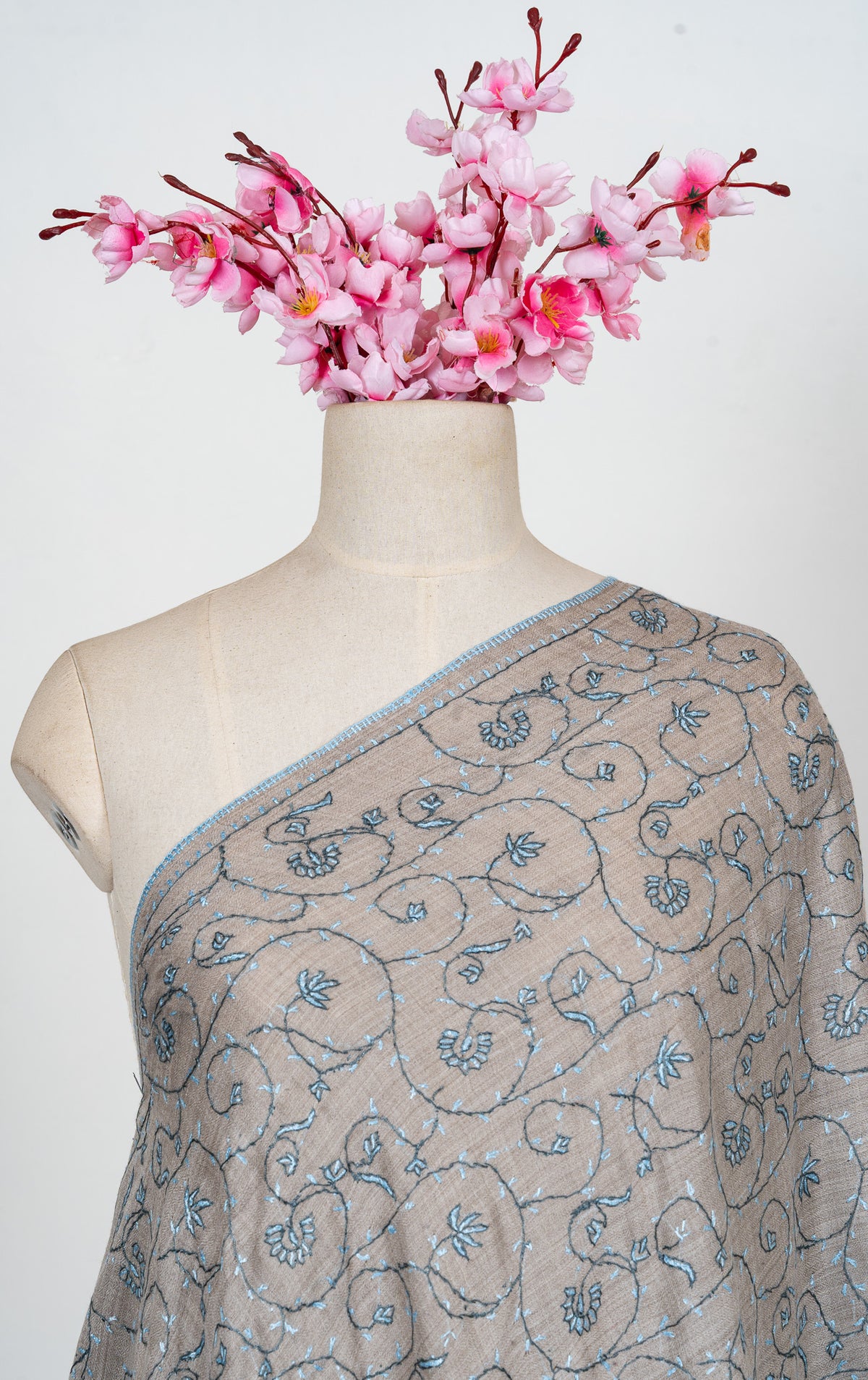 Ash Blue Vine 2.5 Yards Sozni Hand Embroidered Shawl