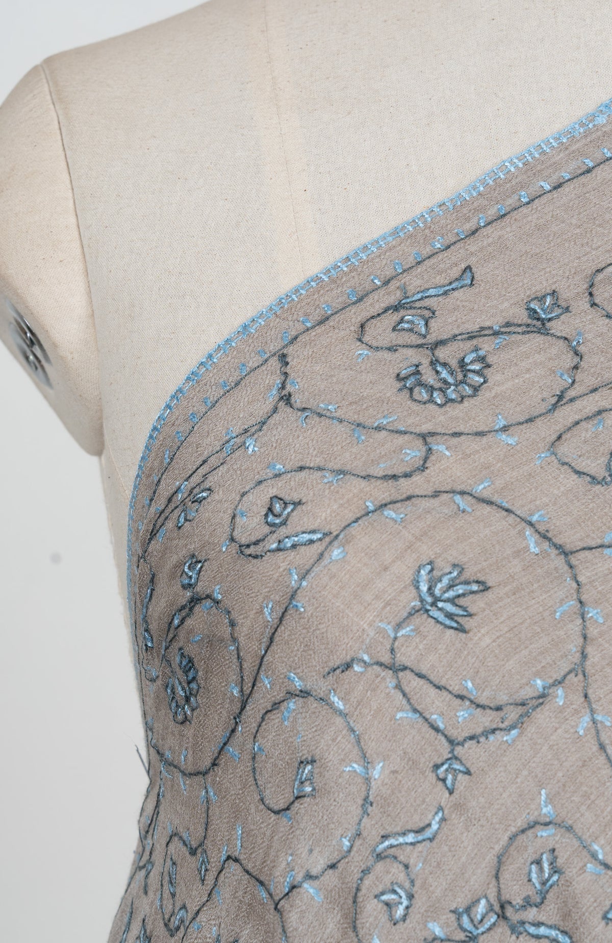 Ash Blue Vine 2.5 Yards Sozni Hand Embroidered Shawl