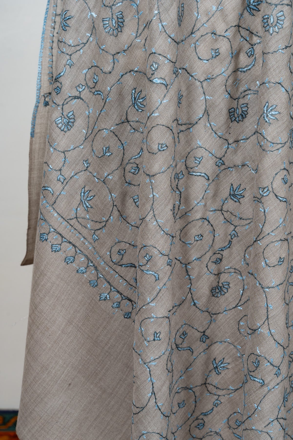 Ash Blue Vine 2.5 Yards Sozni Hand Embroidered Shawl