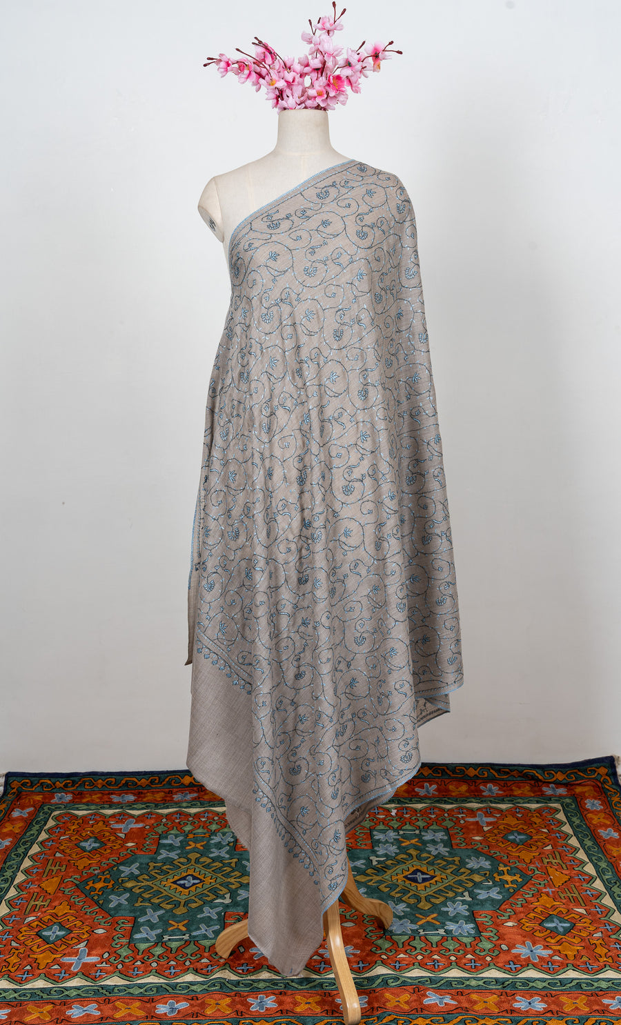 Ash Blue Vine 2.5 Yards Sozni Hand Embroidered Shawl