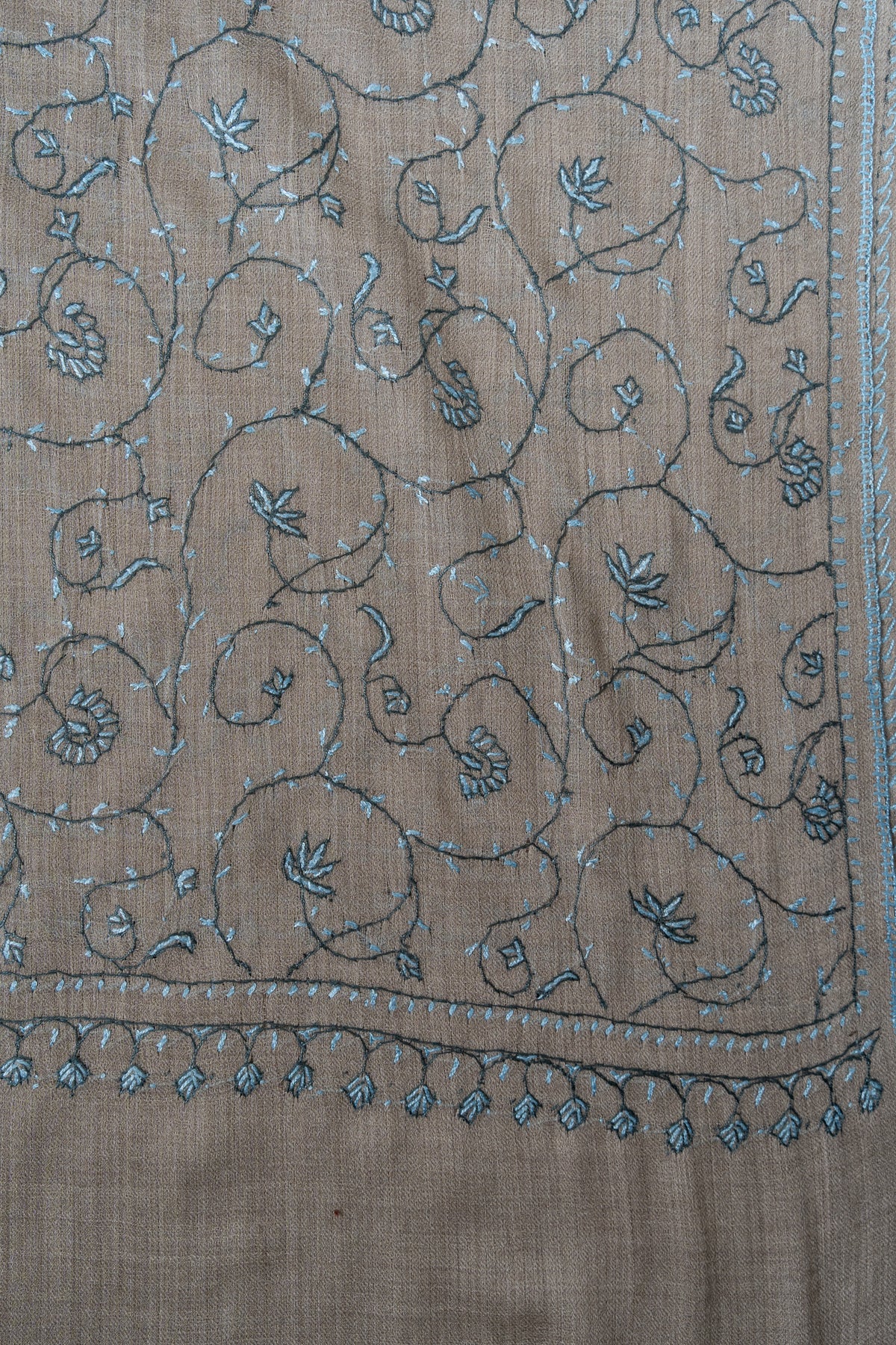 Ash Blue Vine 2.5 Yards Sozni Hand Embroidered Shawl