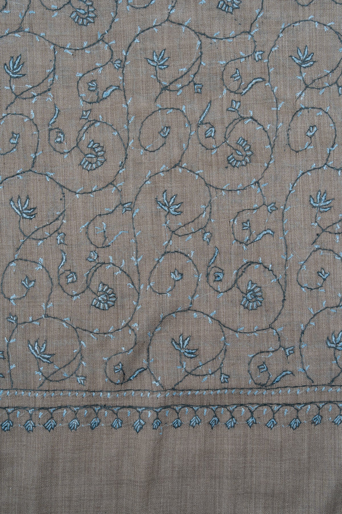 Ash Blue Vine 2.5 Yards Sozni Hand Embroidered Shawl