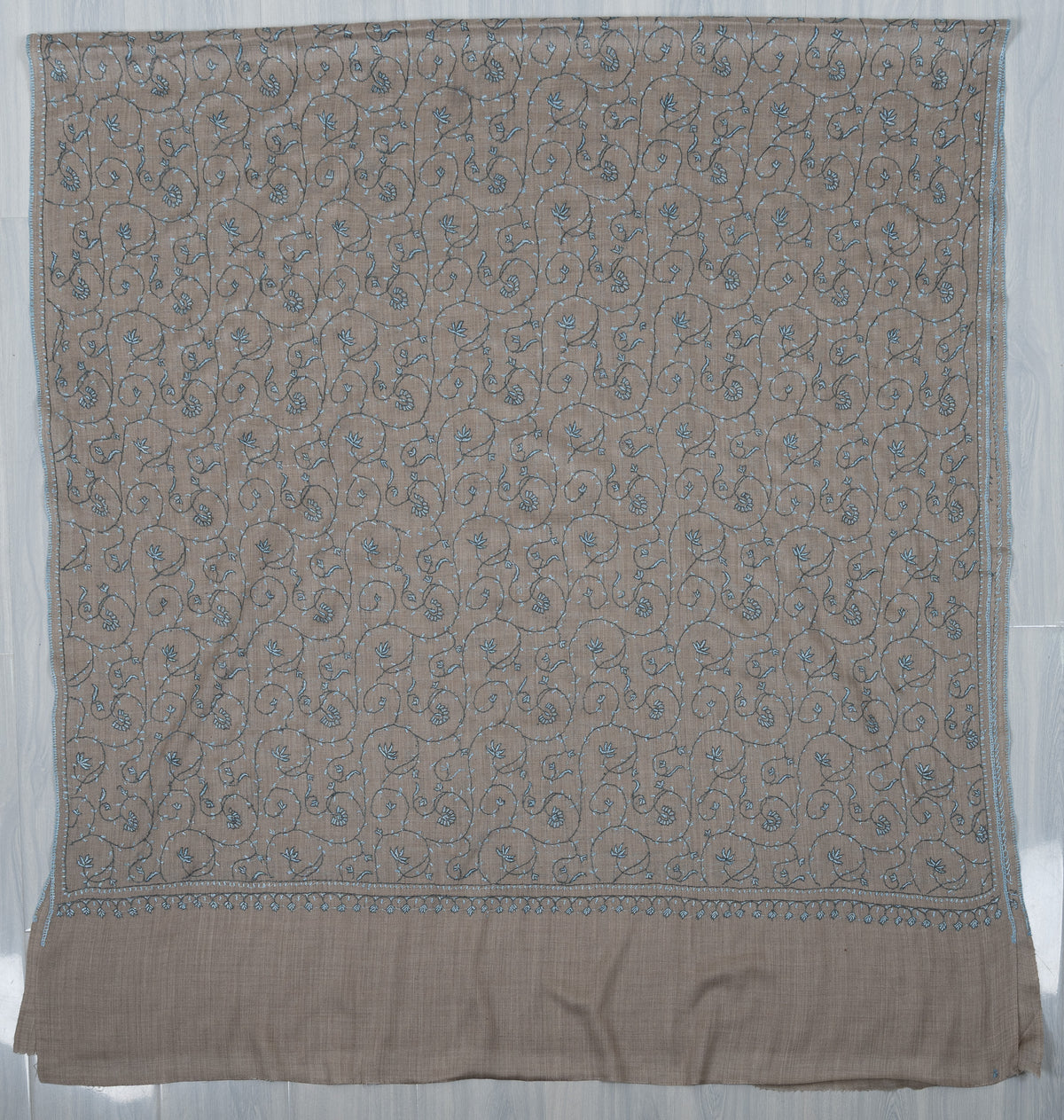 Ash Blue Vine 2.5 Yards Sozni Hand Embroidered Shawl