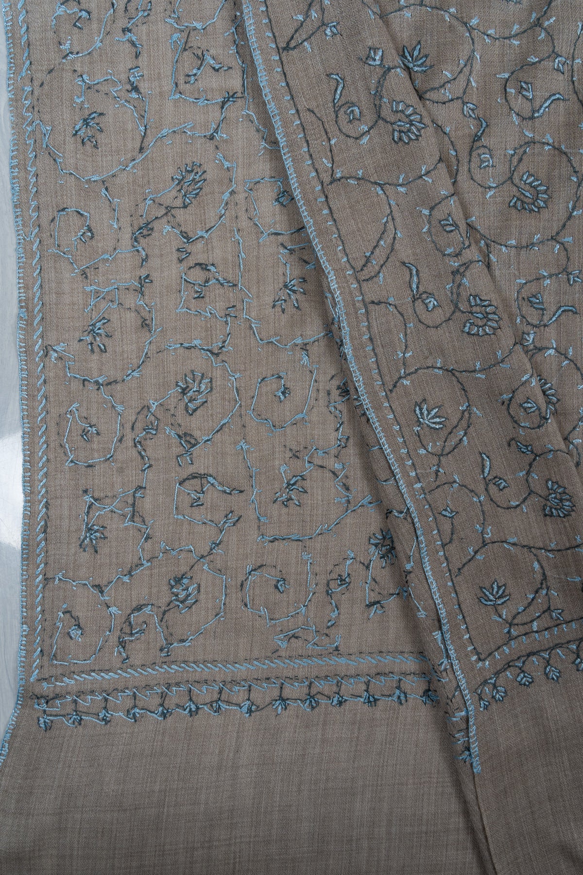 Ash Blue Vine 2.5 Yards Sozni Hand Embroidered Shawl