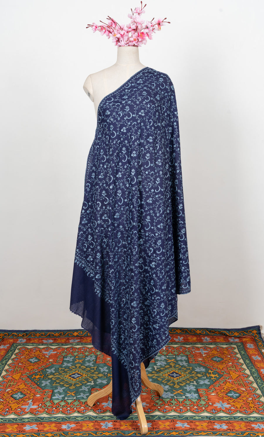 Indigo Bloom Jaal 2.5 Yards Sozni Hand Embroidered Shawl
