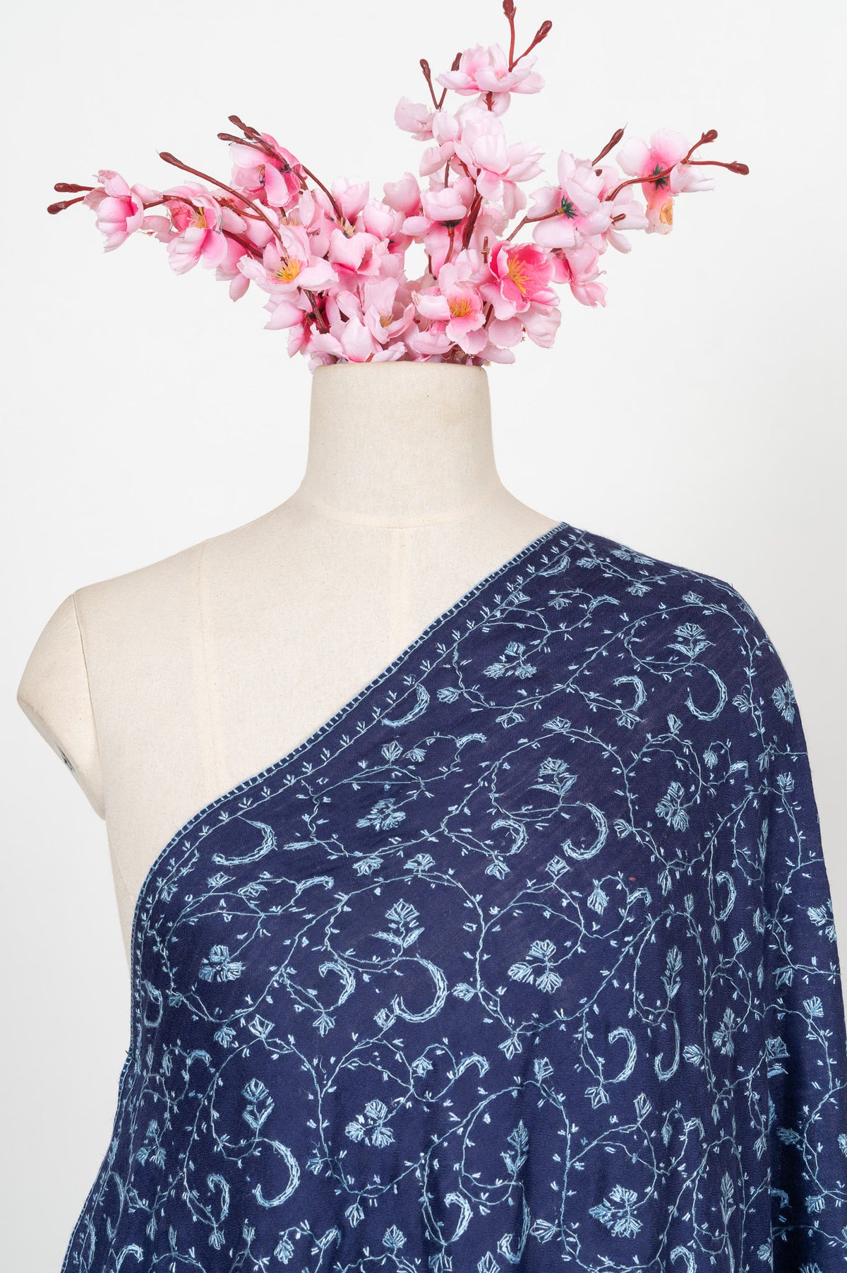 Indigo Bloom Jaal 2.5 Yards Sozni Hand Embroidered Shawl