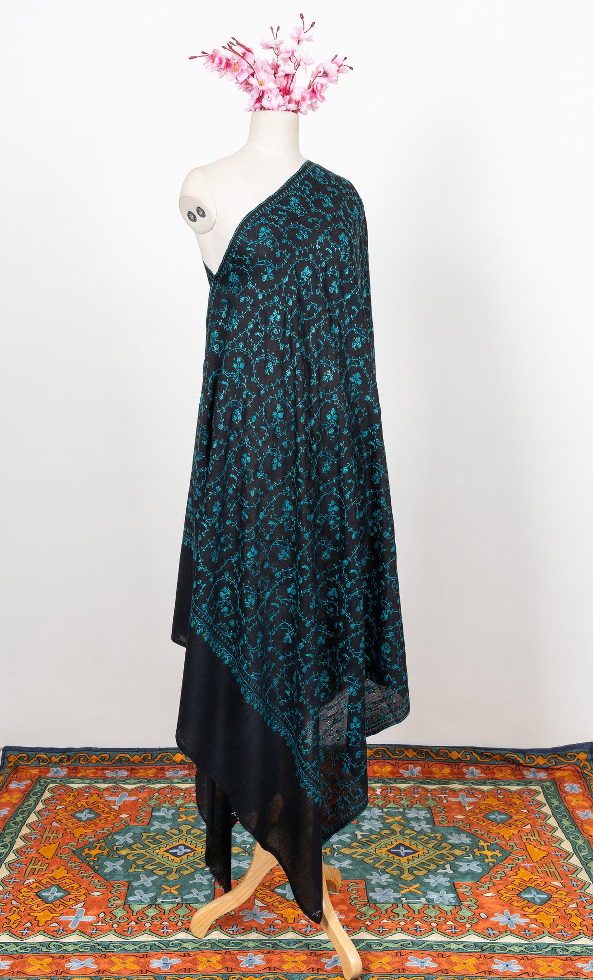 Midnight Teal Jaal 2.5 Yards Sozni Hand Embroidered Shawl