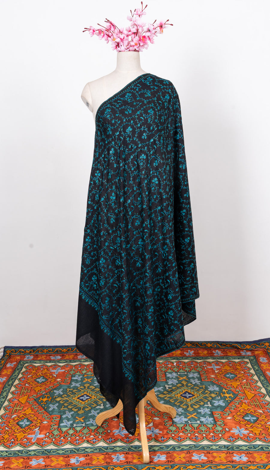 Midnight Teal Jaal 2.5 Yards Sozni Hand Embroidered Shawl