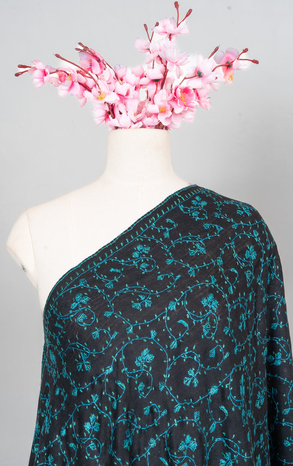 Midnight Teal Jaal 2.5 Yards Sozni Hand Embroidered Shawl