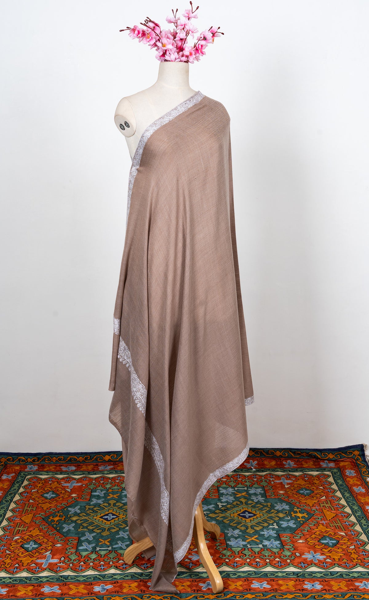 Soft Fawn Silver Edge 2.5 Yards Sozni Hand Embroidered Shawl