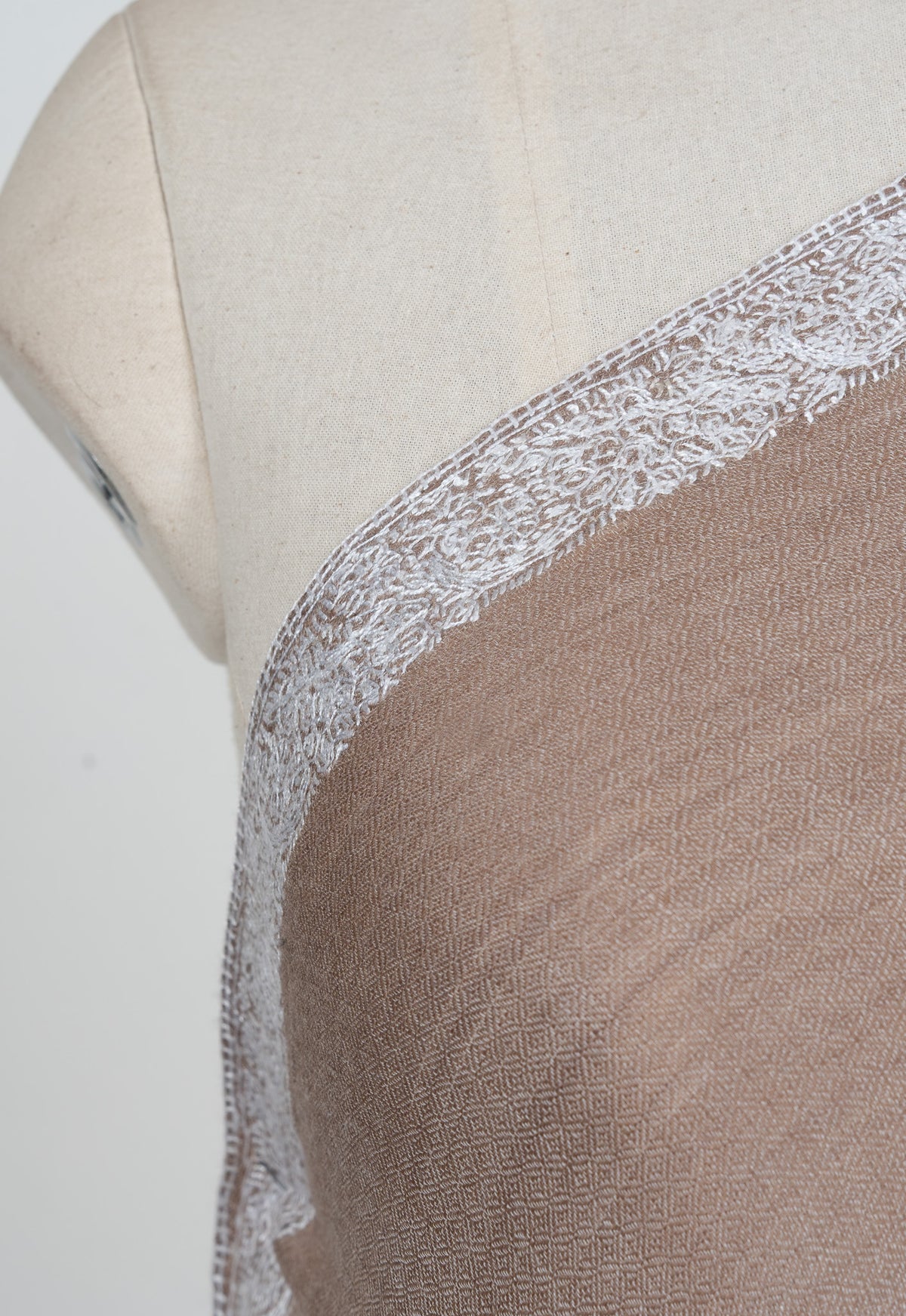 Soft Fawn Silver Edge 2.5 Yards Sozni Hand Embroidered Shawl