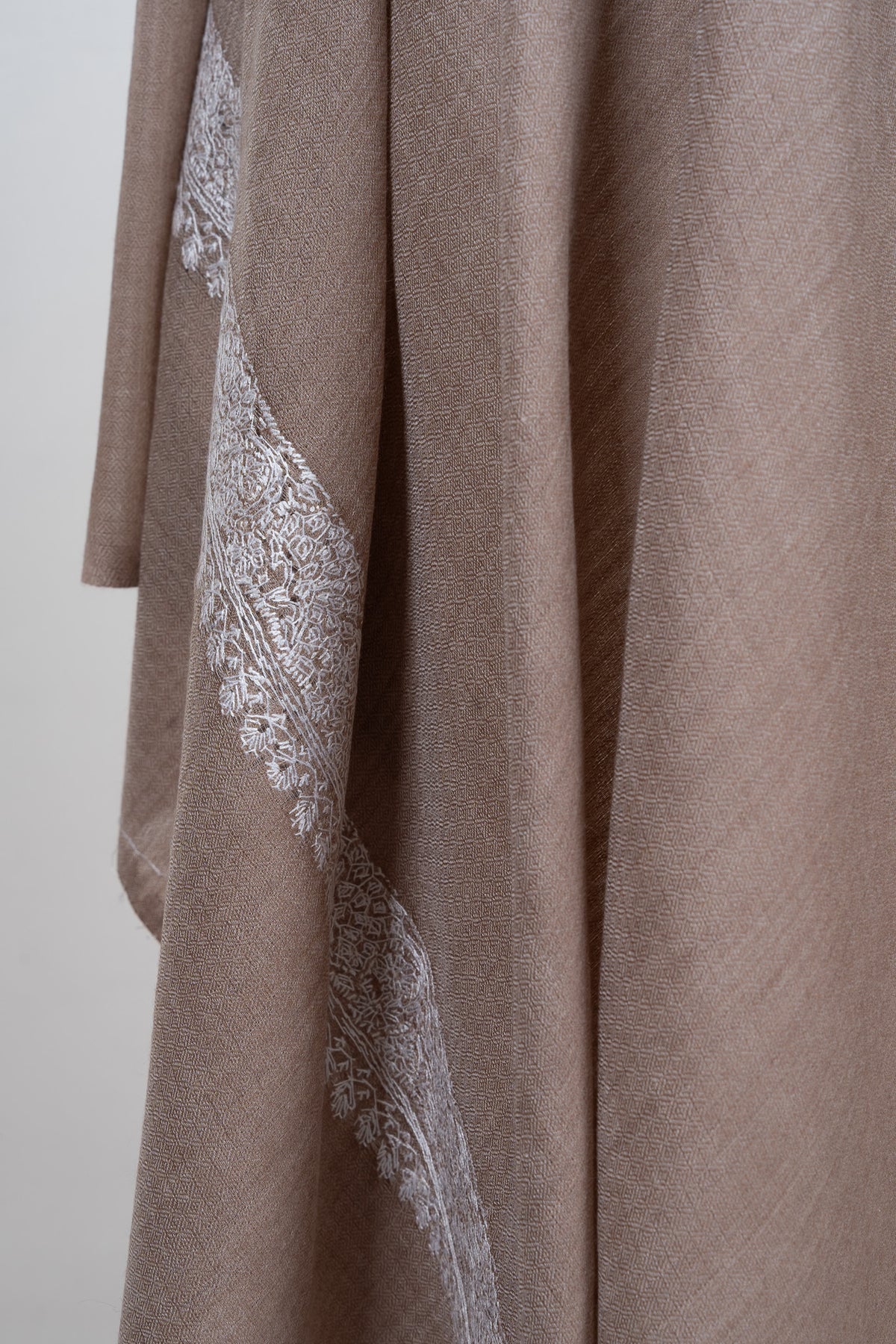 Soft Fawn Silver Edge 2.5 Yards Sozni Hand Embroidered Shawl