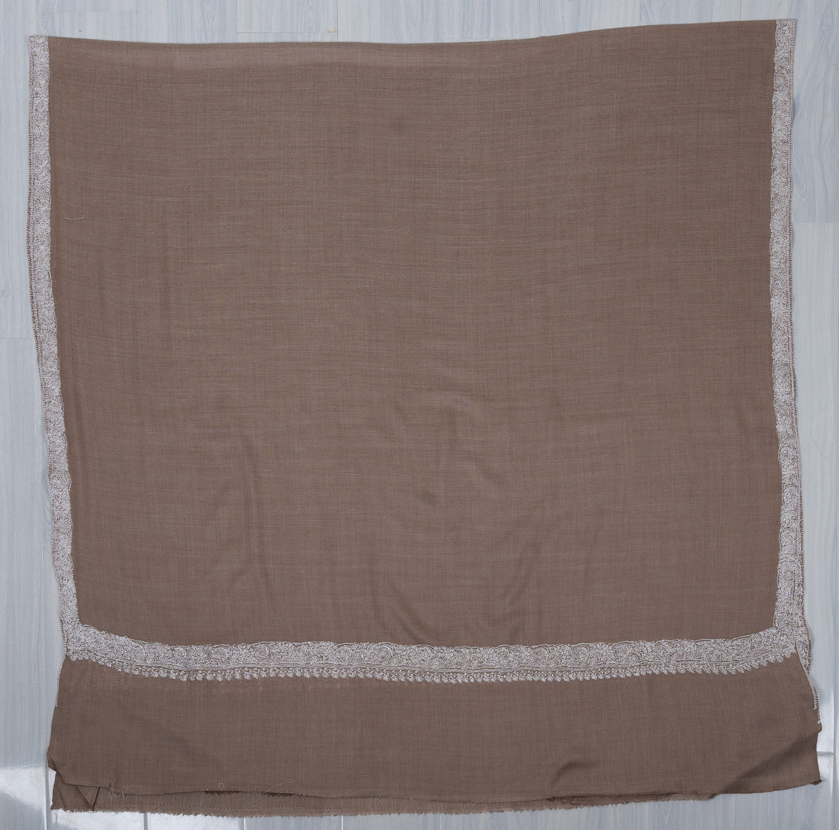 Soft Fawn Silver Edge 2.5 Yards Sozni Hand Embroidered Shawl