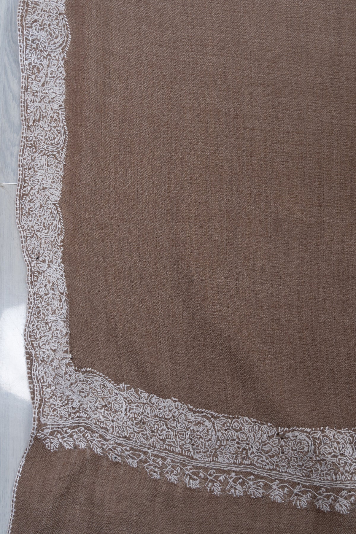 Soft Fawn Silver Edge 2.5 Yards Sozni Hand Embroidered Shawl