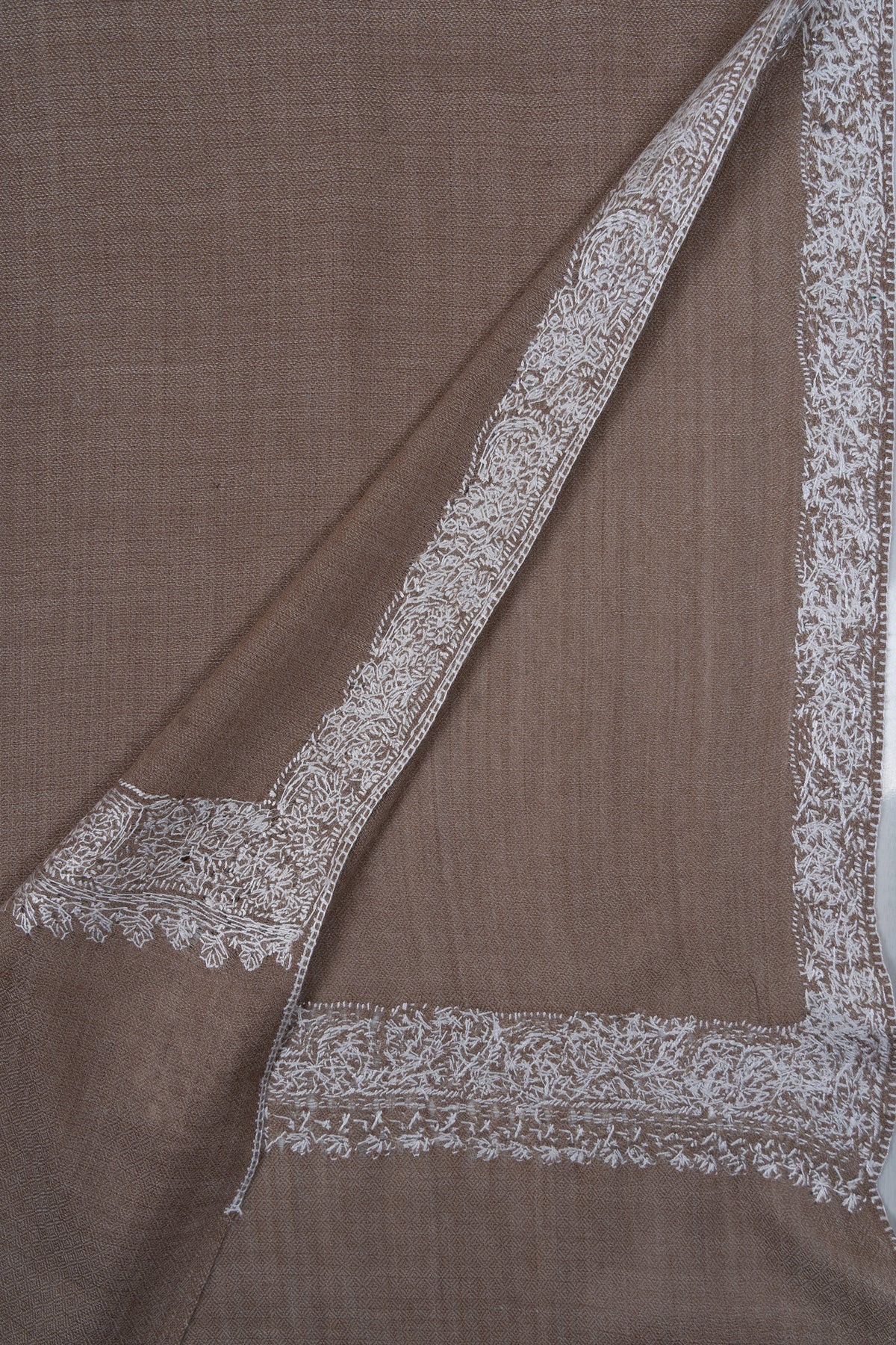 Soft Fawn Silver Edge 2.5 Yards Sozni Hand Embroidered Shawl