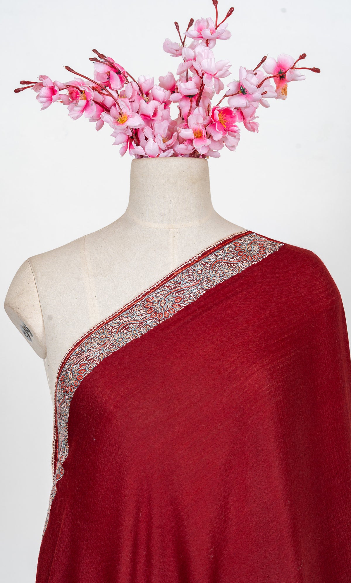 Crimson Frost Edge 2.5 Yards Sozni Hand Embroidered Shawl