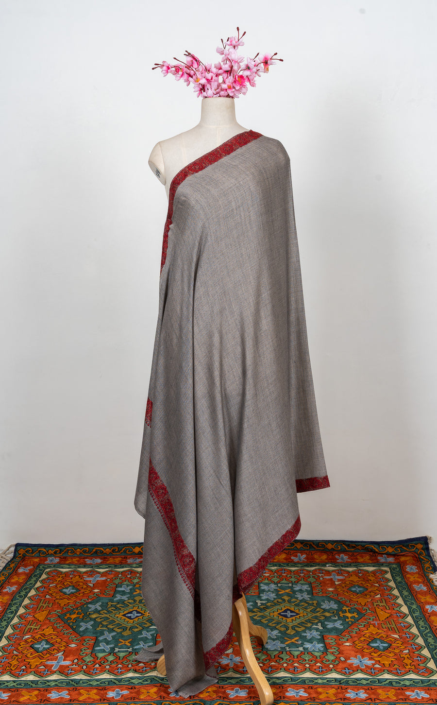 Ash Garnet Trace 2.5 Yards Sozni Hand Embroidered Shawl