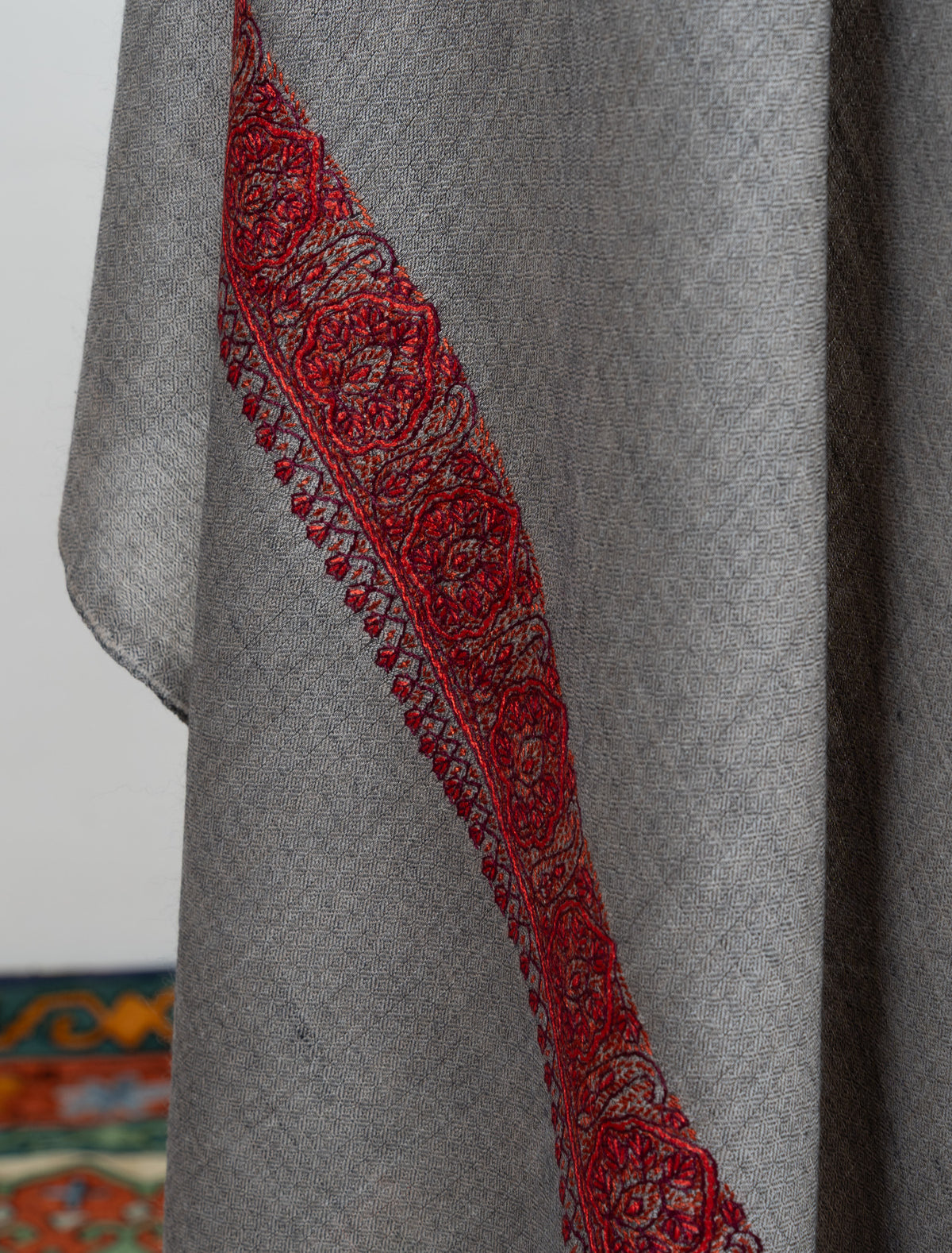 Ash Garnet Trace 2.5 Yards Sozni Hand Embroidered Shawl