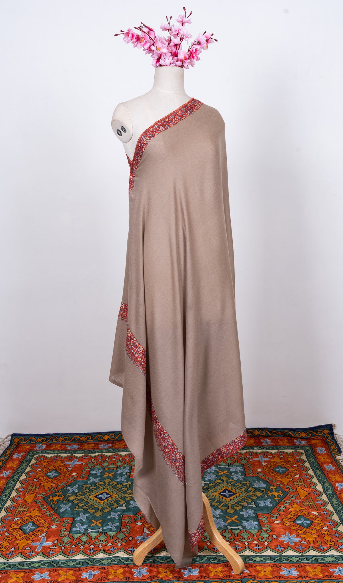 Sandstone Bloom 2.5 Yards Sozni Hand Embroidered Shawl