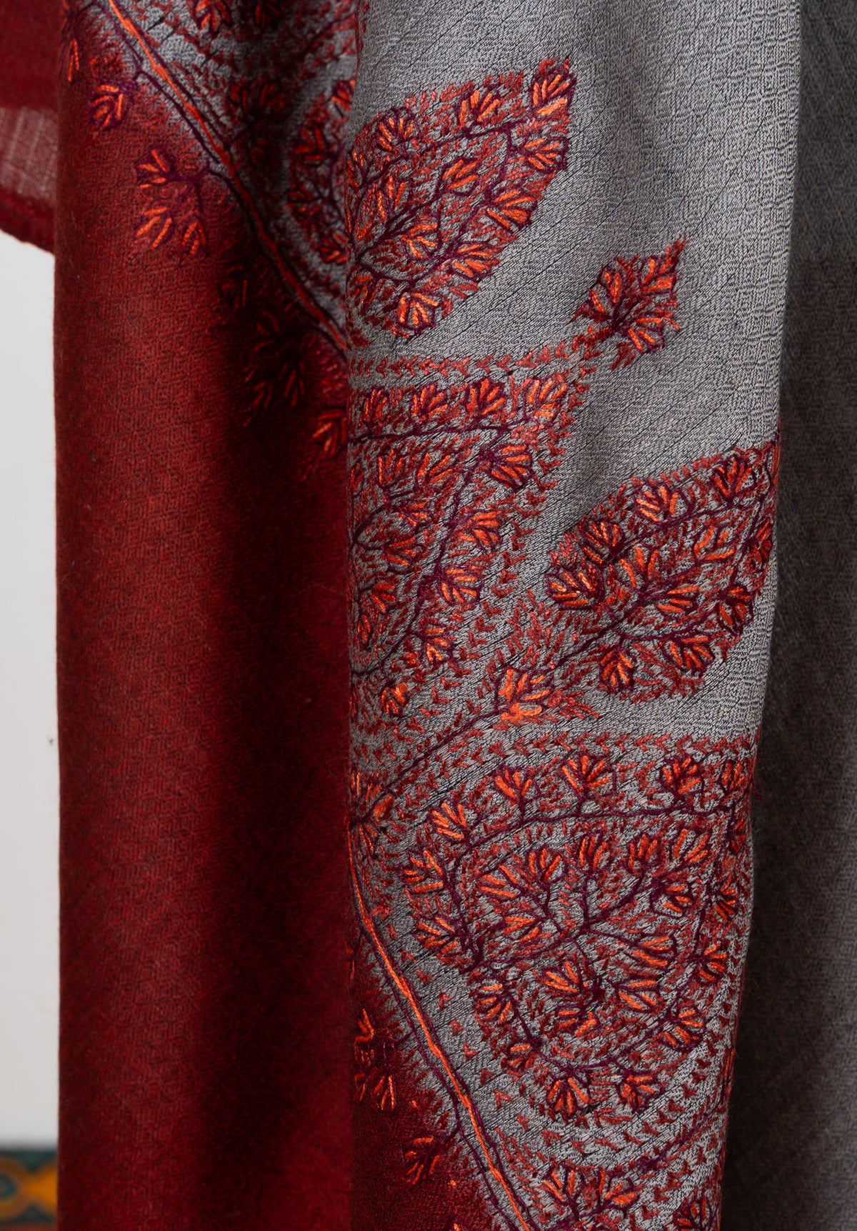 Crimson Ash Bloom 2.5 Yards Sozni Hand Embroidered Shawl