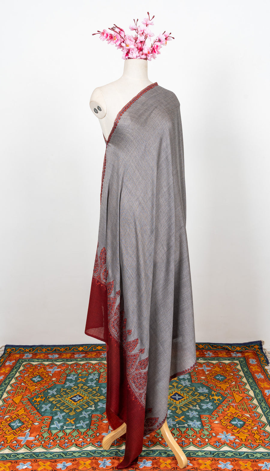 Crimson Ash Bloom 2.5 Yards Sozni Hand Embroidered Shawl