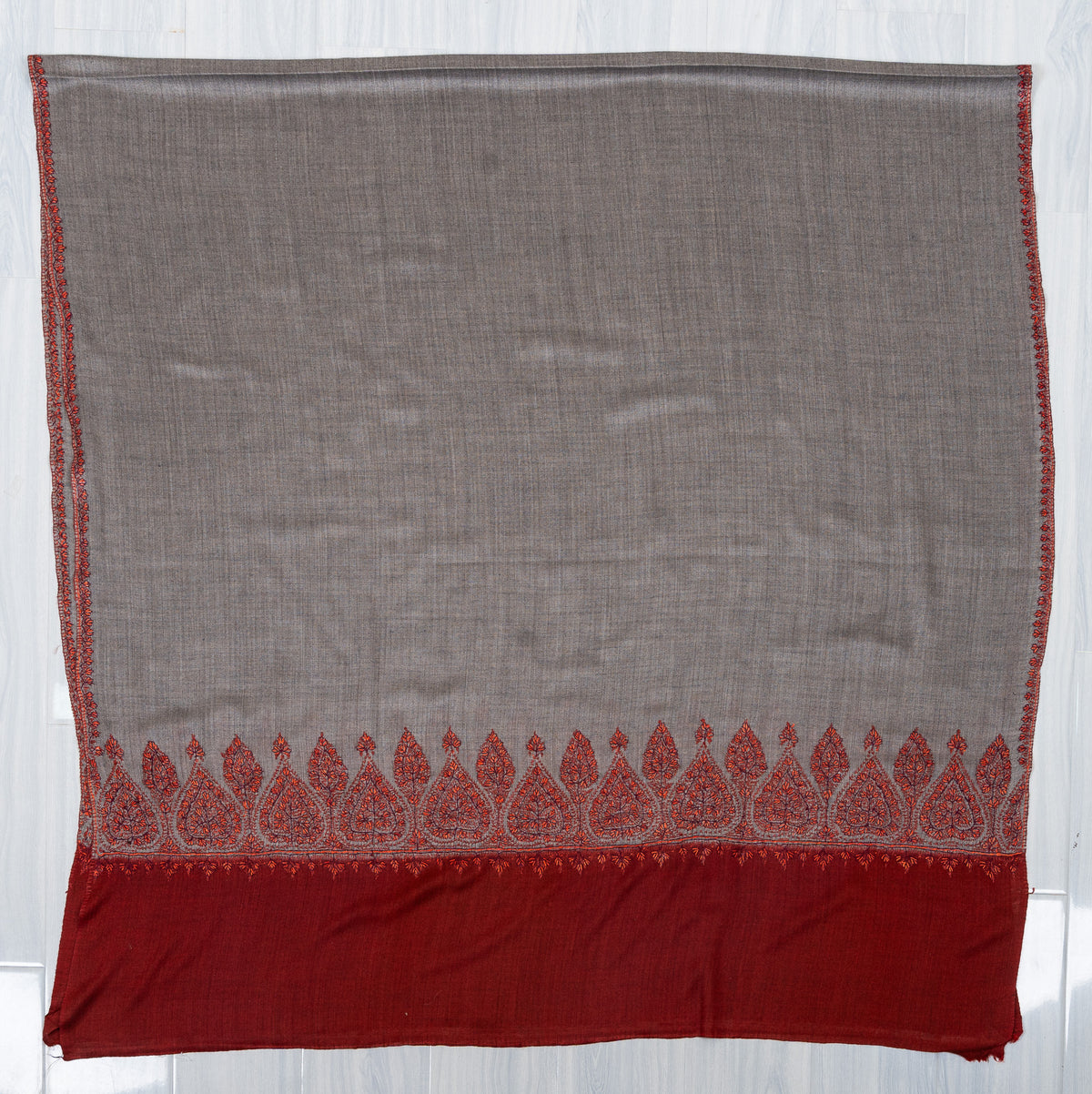 Crimson Ash Bloom 2.5 Yards Sozni Hand Embroidered Shawl