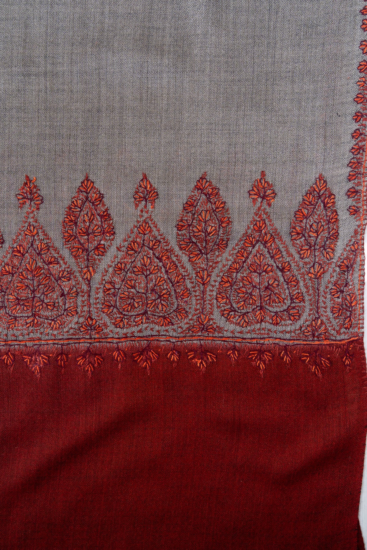 Crimson Ash Bloom 2.5 Yards Sozni Hand Embroidered Shawl