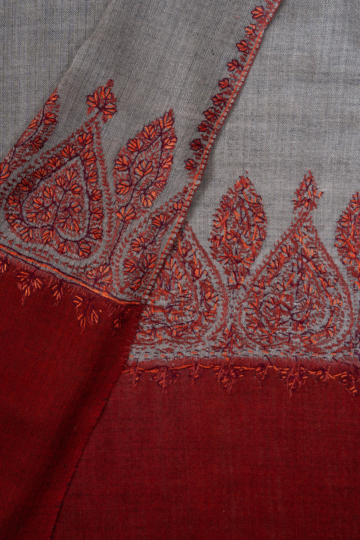 Crimson Ash Bloom 2.5 Yards Sozni Hand Embroidered Shawl