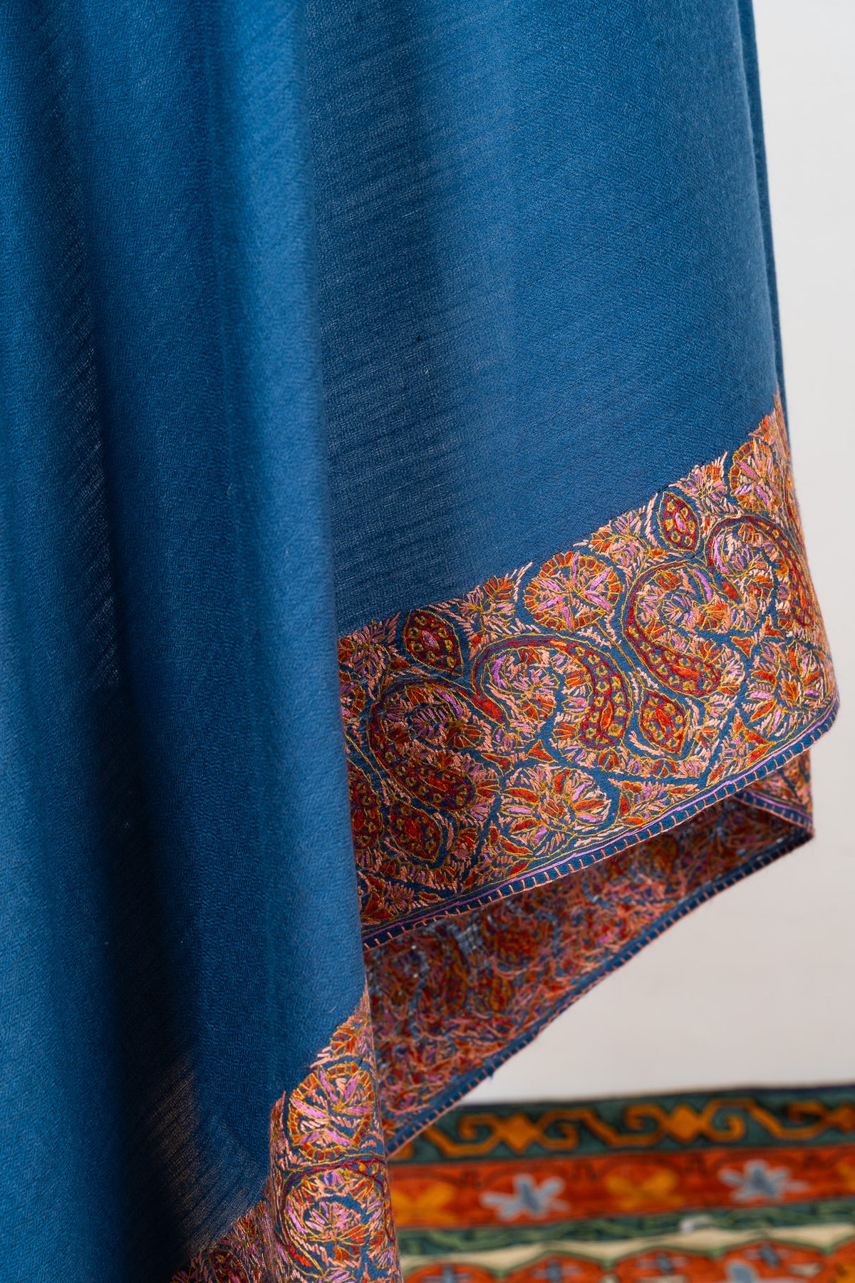 Azure Paisley Tide 2.5 Yards Sozni Hand Embroidered Shawl
