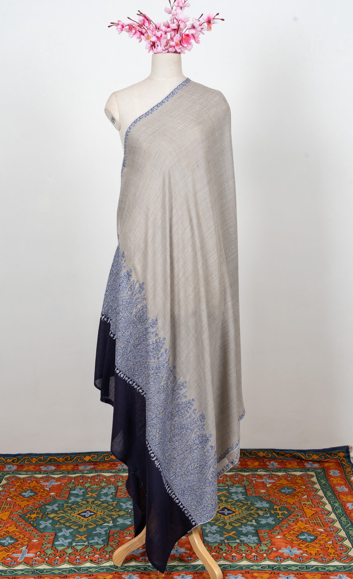 Blue Ash Dusk 2.5 Yards Sozni Hand Embroidered Shawl