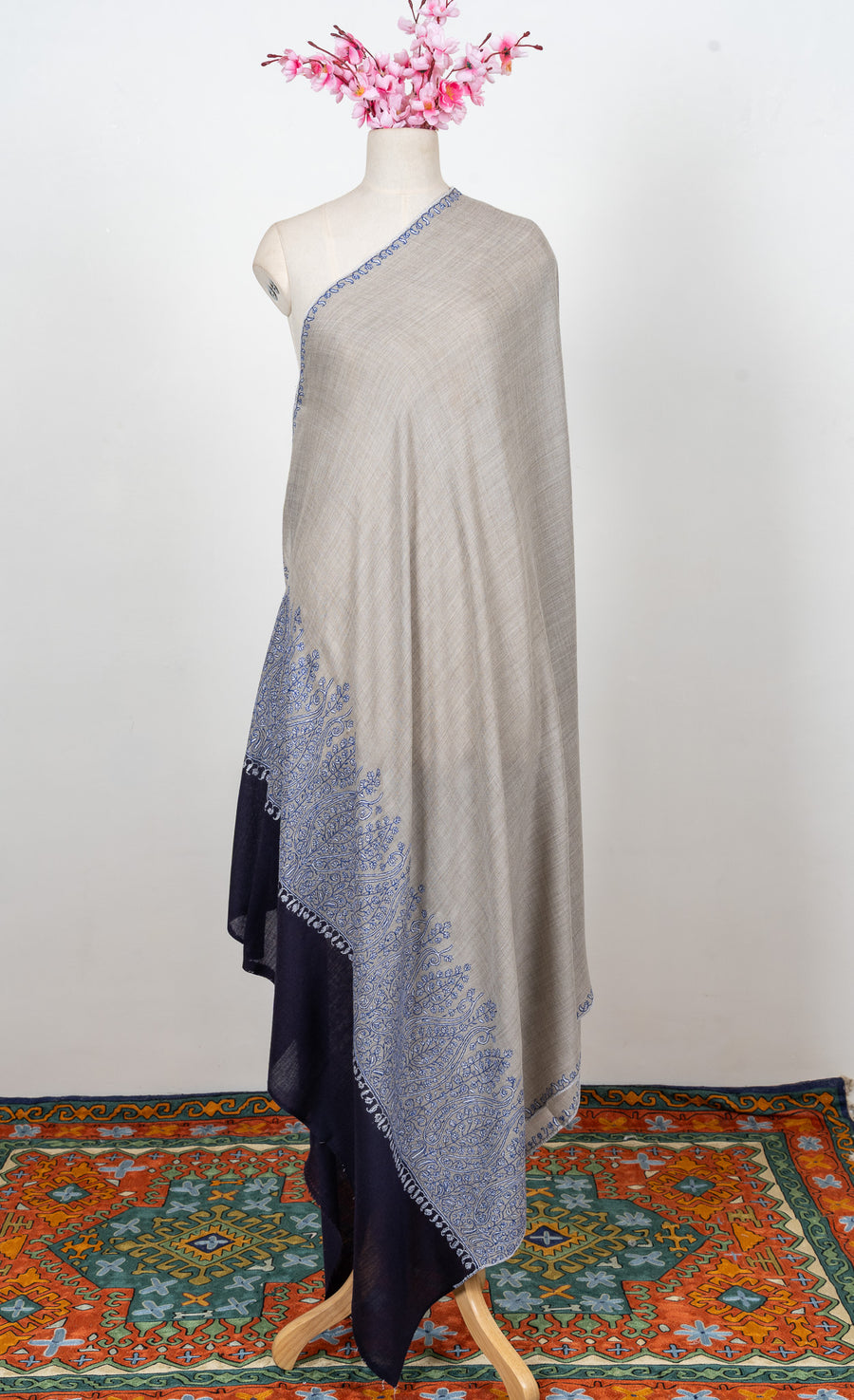 Blue Ash Dusk 2.5 Yards Sozni Hand Embroidered Shawl