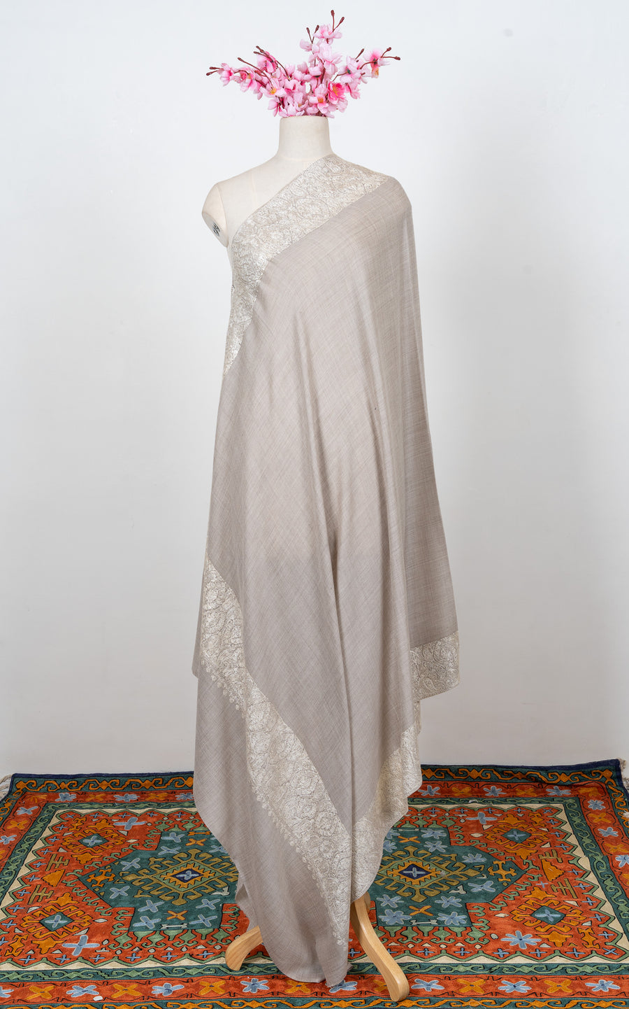 Pearl Mist Ivory 2.5 Yards Sozni Hand Embroidered Shawl