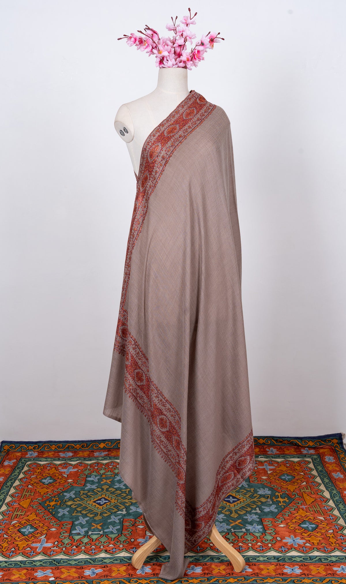 Autumn Clay Border 2.5 Yards Sozni Hand Embroidered Shawl