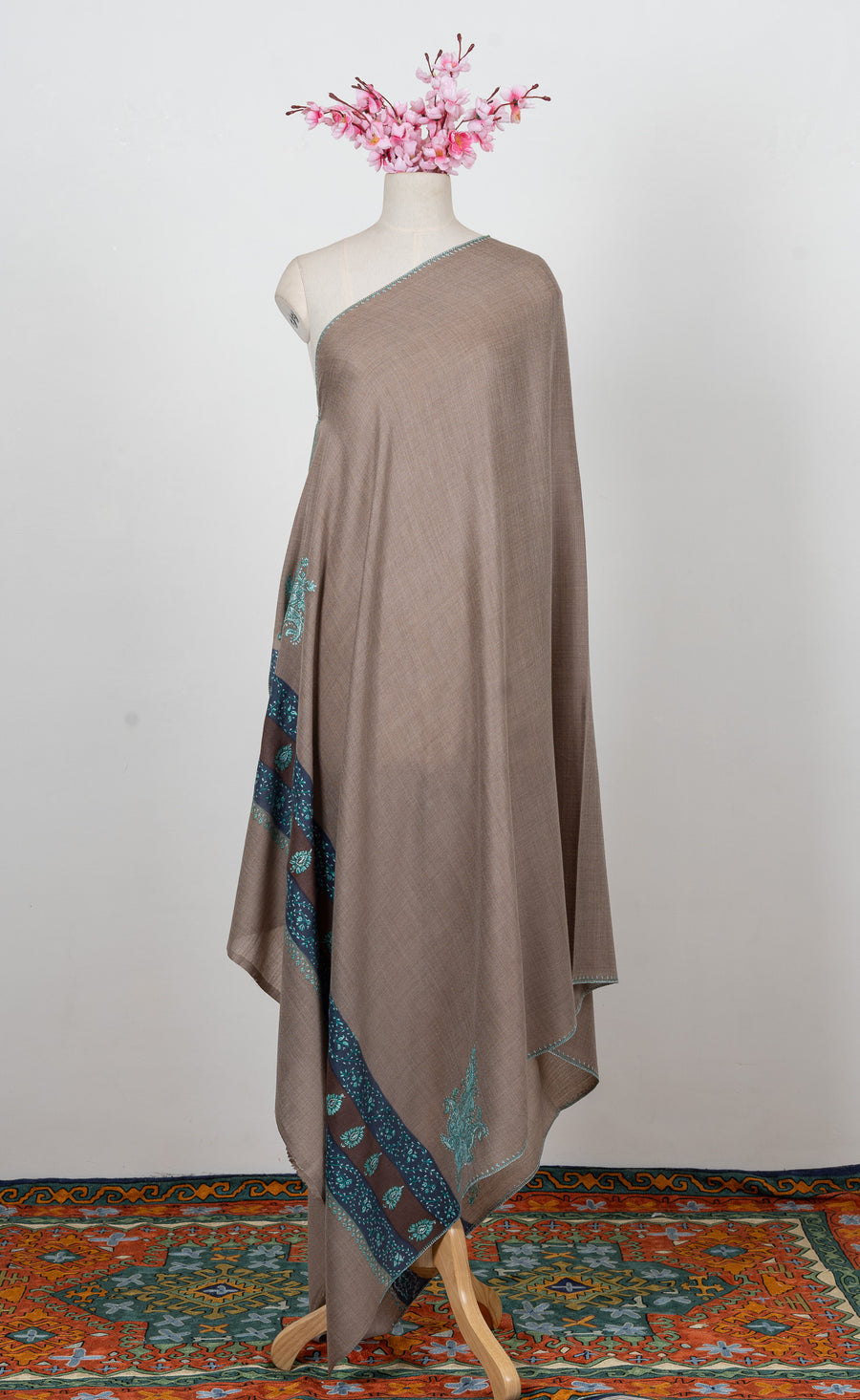 Teal Dusk Taupe 2.5 Yards Sozni Hand Embroidered Shawl