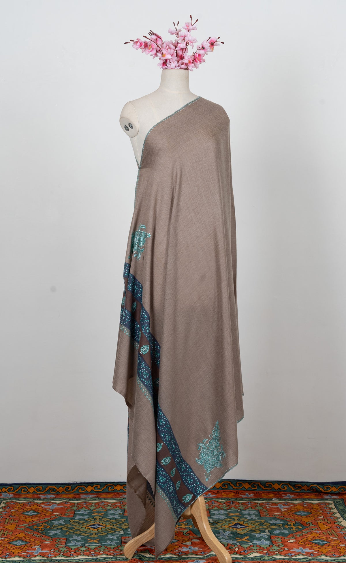 Teal Dusk Taupe 2.5 Yards Sozni Hand Embroidered Shawl