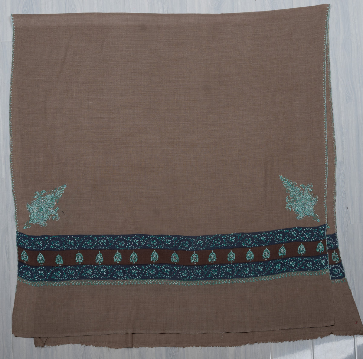Teal Dusk Taupe 2.5 Yards Sozni Hand Embroidered Shawl