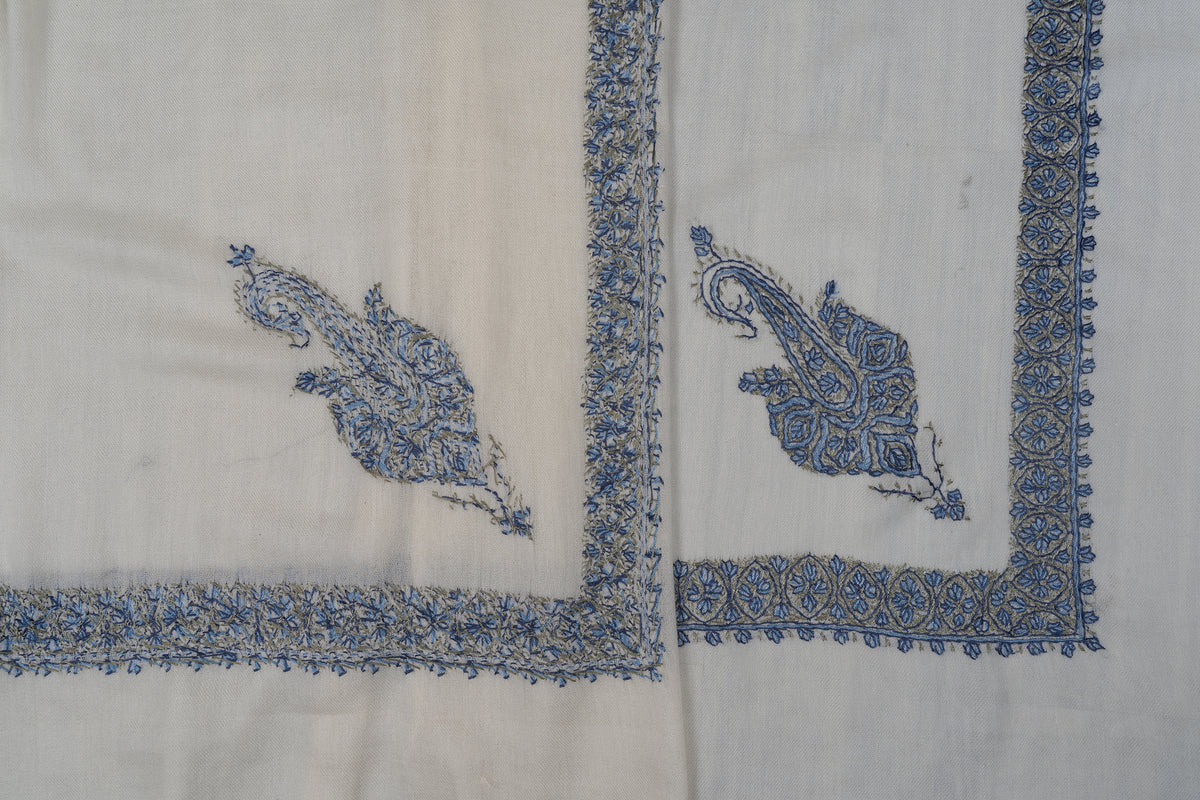 Overlapping ivory rumal corners showing blue paisley motifs, embroidered borders and exposed reverse stitching