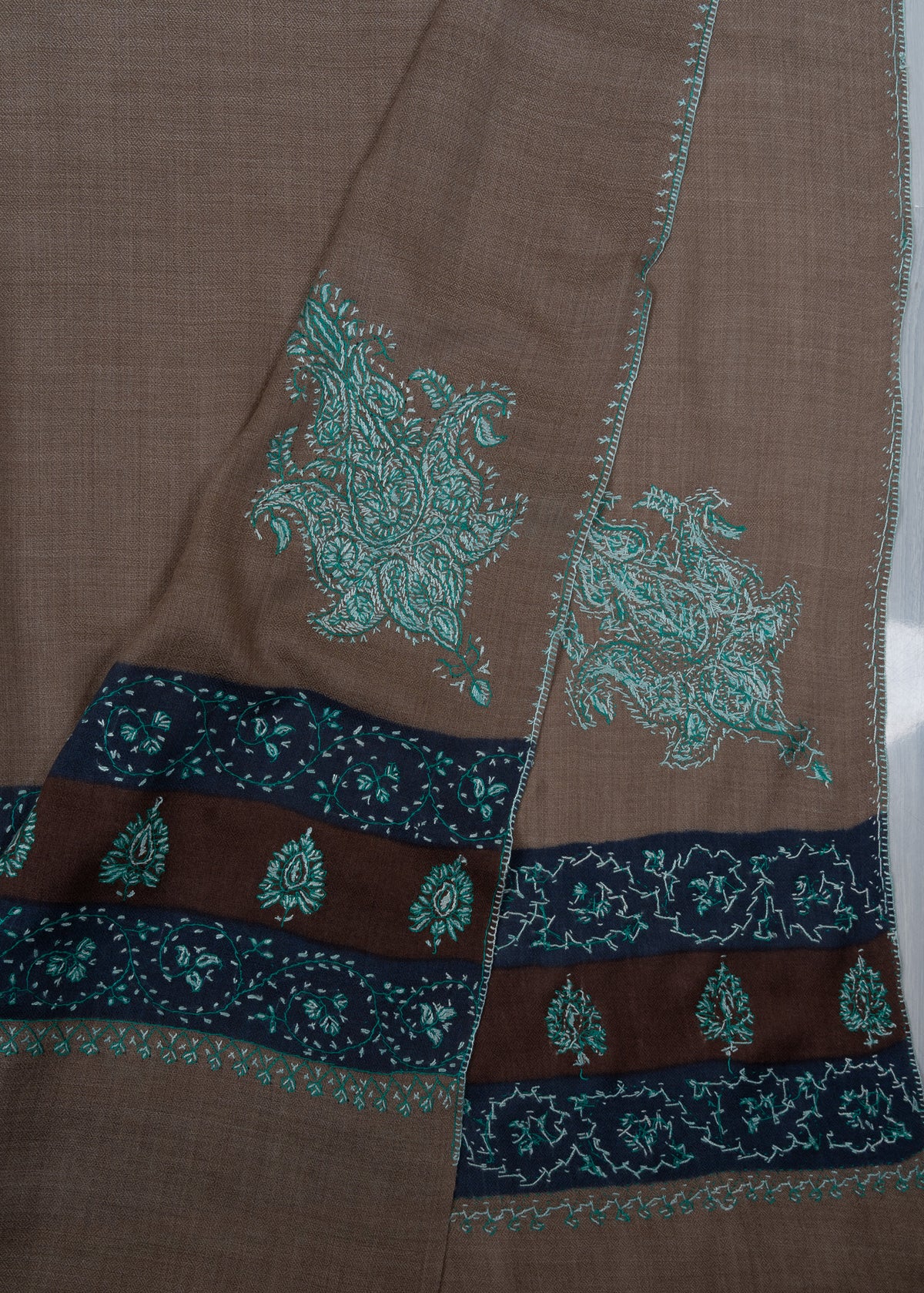 Teal Dusk Taupe 2.5 Yards Sozni Hand Embroidered Shawl