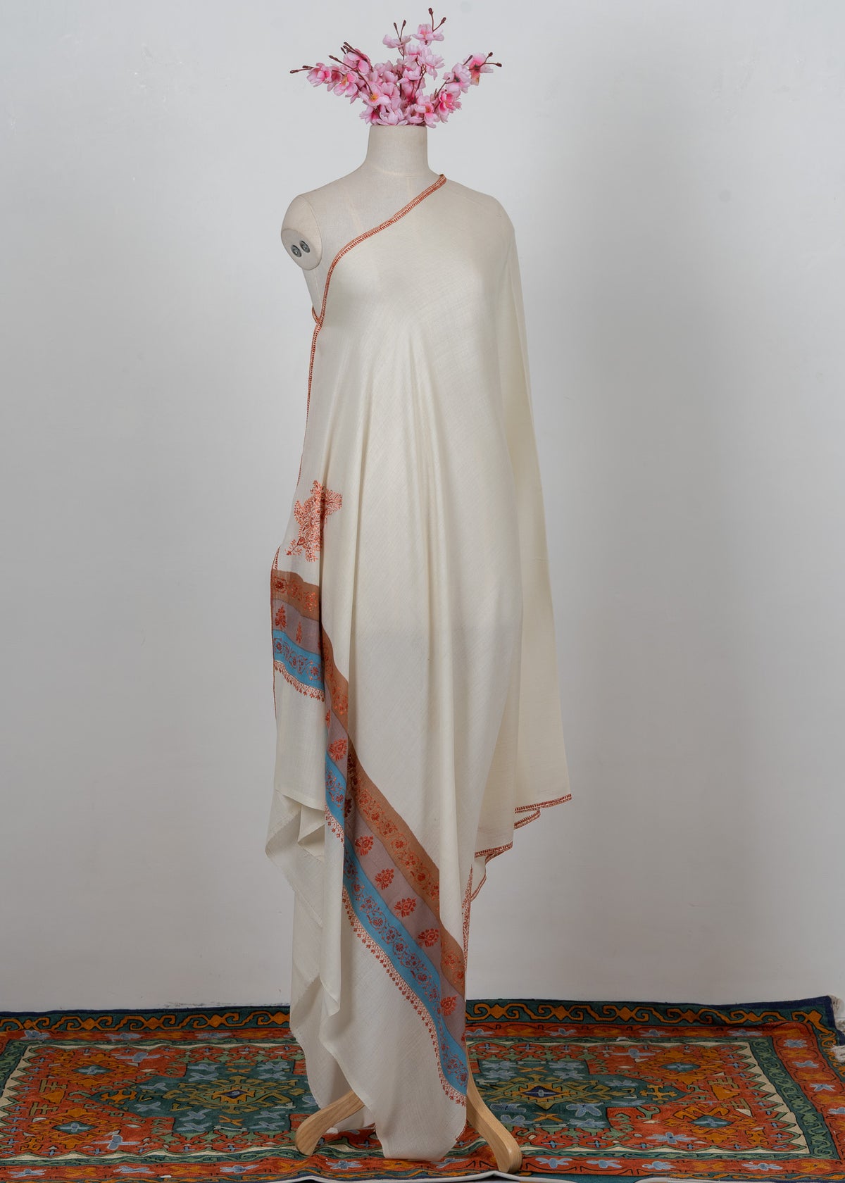 Ivory Azure Bloom 2.5 Yards Sozni Hand Embroidered Shawl