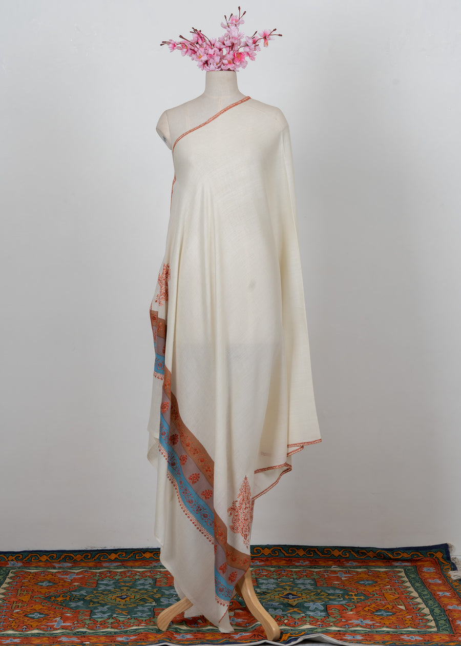 Ivory Azure Bloom 2.5 Yards Sozni Hand Embroidered Shawl