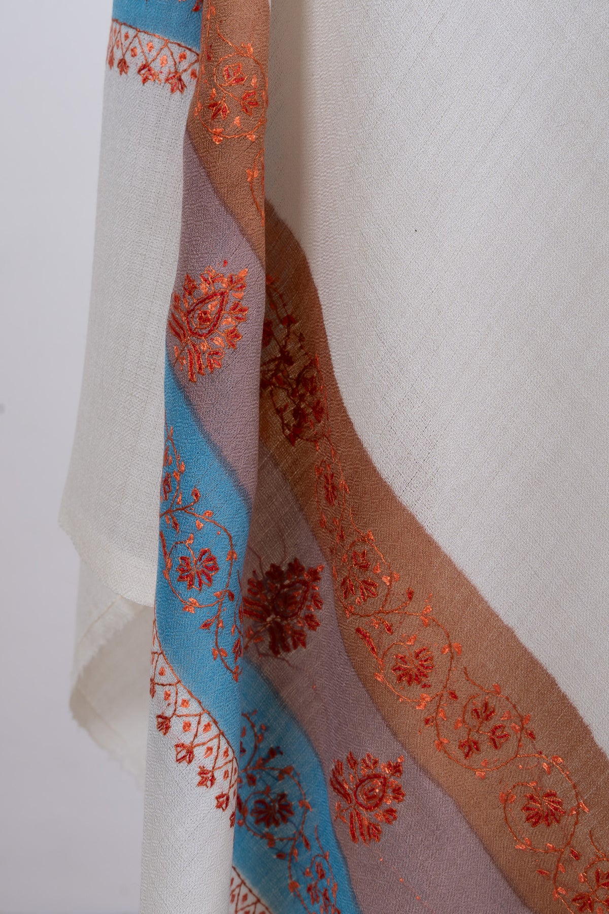Ivory Azure Bloom 2.5 Yards Sozni Hand Embroidered Shawl