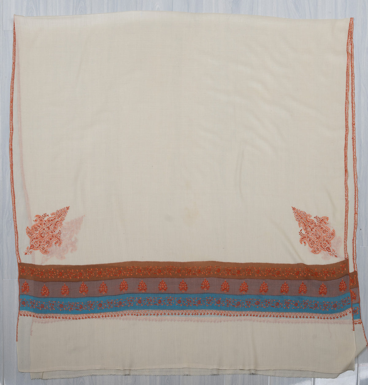 Ivory Azure Bloom 2.5 Yards Sozni Hand Embroidered Shawl