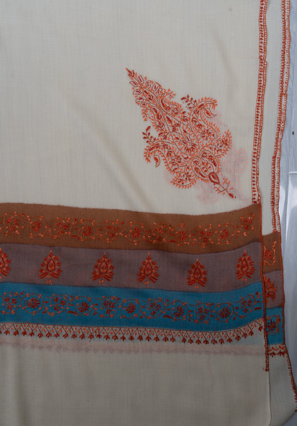 Ivory Azure Bloom 2.5 Yards Sozni Hand Embroidered Shawl
